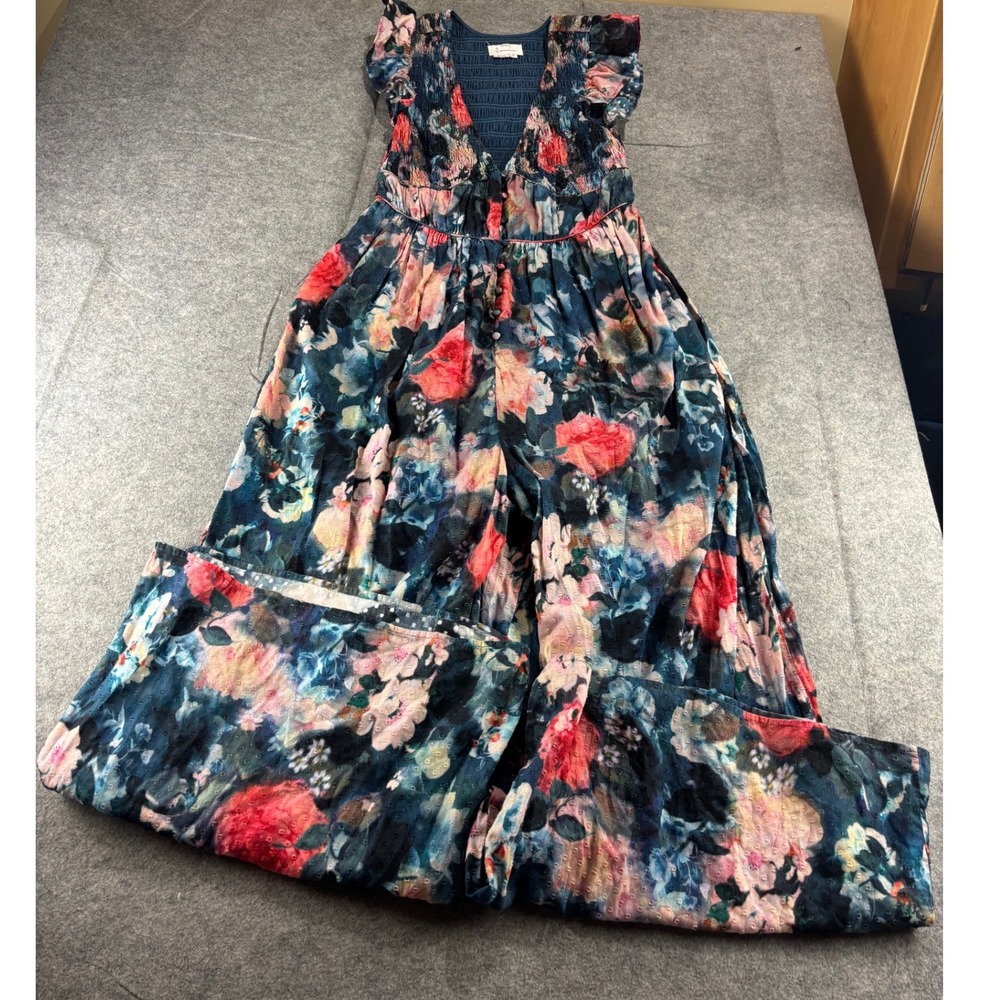 Anthropologie Floral Smocked Clip Dot Jumpsuit Wide Leg Ruffle Blue Pink M